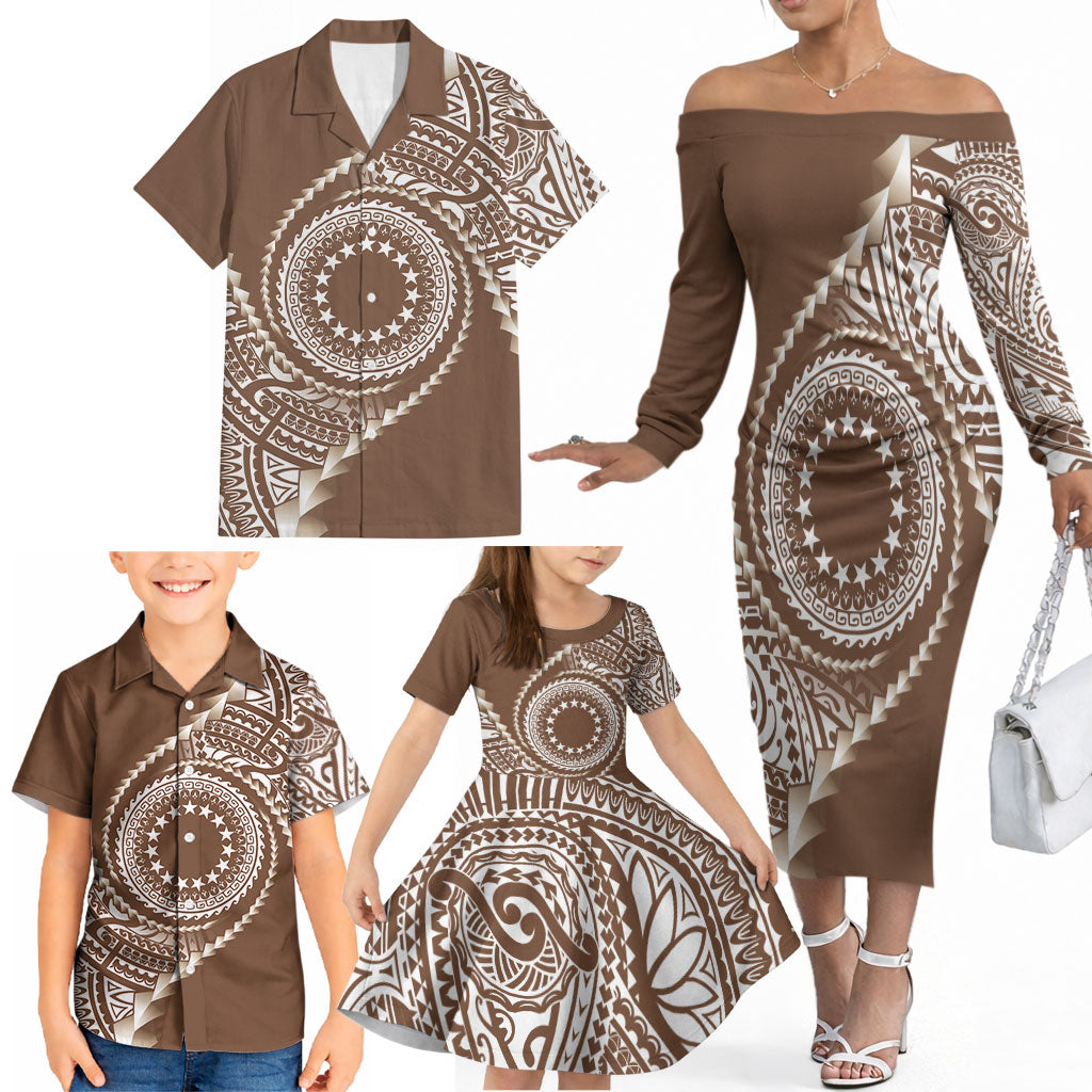 Cook Islands Gospel Day Family Matching Off The Shoulder Long Sleeve Dress and Hawaiian Shirt Brown Tribal Curves LT05 - Polynesian Pride