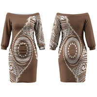 Cook Islands Gospel Day Family Matching Off The Shoulder Long Sleeve Dress and Hawaiian Shirt Brown Tribal Curves