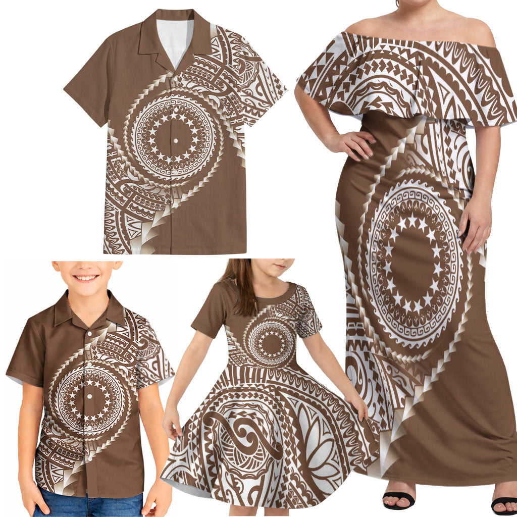 Cook Islands Gospel Day Family Matching Off Shoulder Maxi Dress and Hawaiian Shirt Brown Tribal Curves LT05 - Polynesian Pride