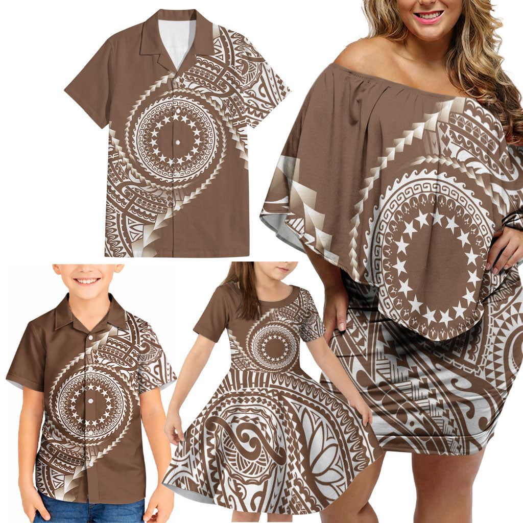 Cook Islands Gospel Day Family Matching Off Shoulder Short Dress and Hawaiian Shirt Brown Tribal Curves LT05 - Polynesian Pride