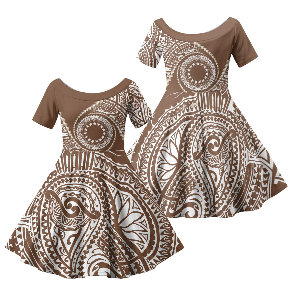 Cook Islands Gospel Day Family Matching Off Shoulder Short Dress and Hawaiian Shirt Brown Tribal Curves