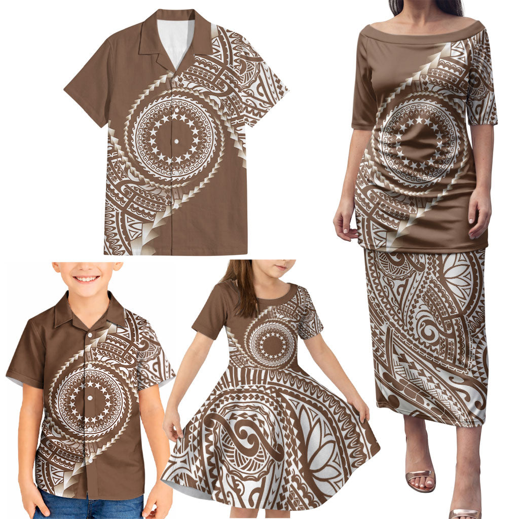 Cook Islands Gospel Day Family Matching Puletasi and Hawaiian Shirt Brown Tribal Curves LT05 - Polynesian Pride
