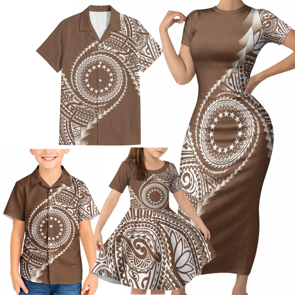Cook Islands Gospel Day Family Matching Short Sleeve Bodycon Dress and Hawaiian Shirt Brown Tribal Curves LT05 - Polynesian Pride