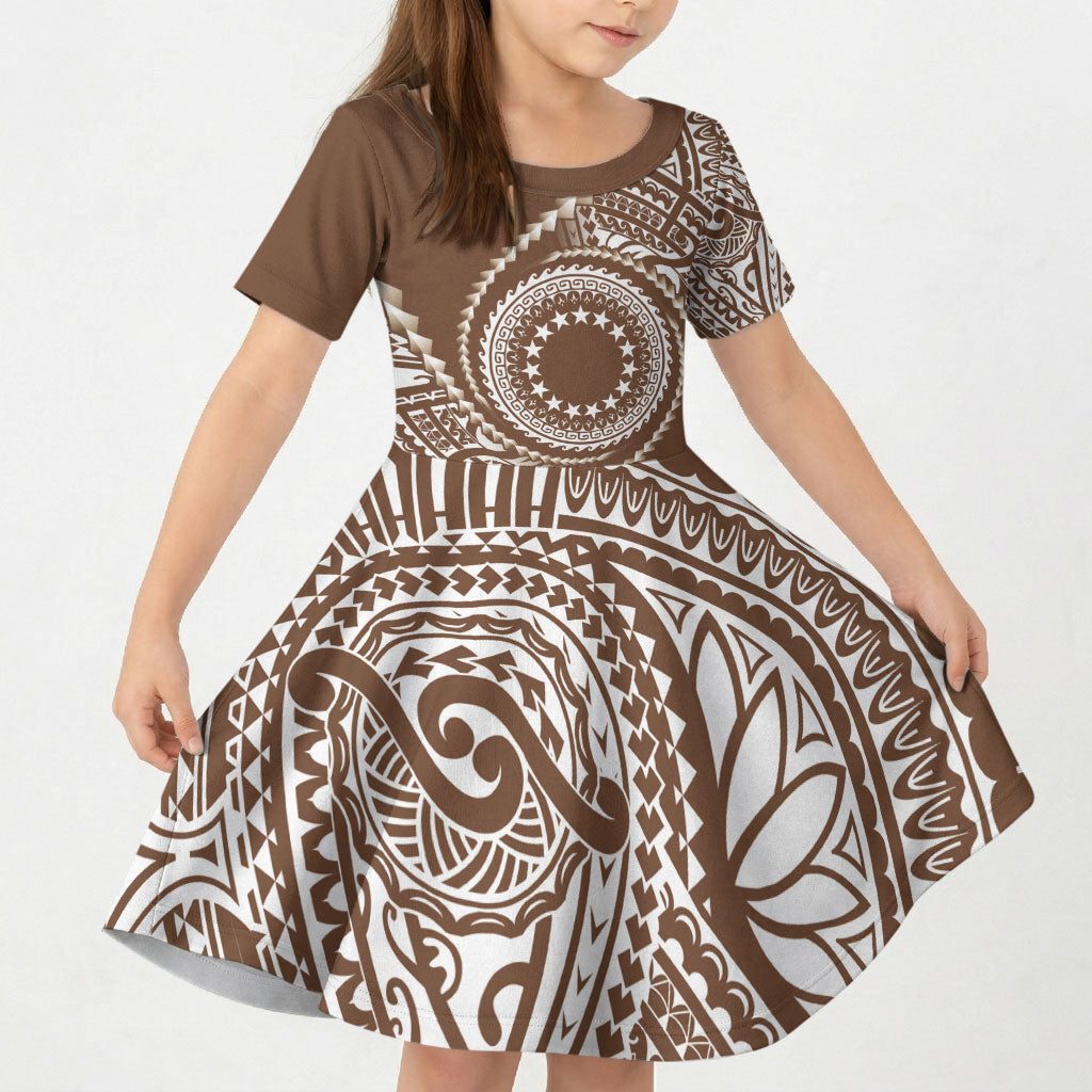 Cook Islands Gospel Day Kid Short Sleeve Dress Brown Tribal Curves LT05 KID Brown - Polynesian Pride