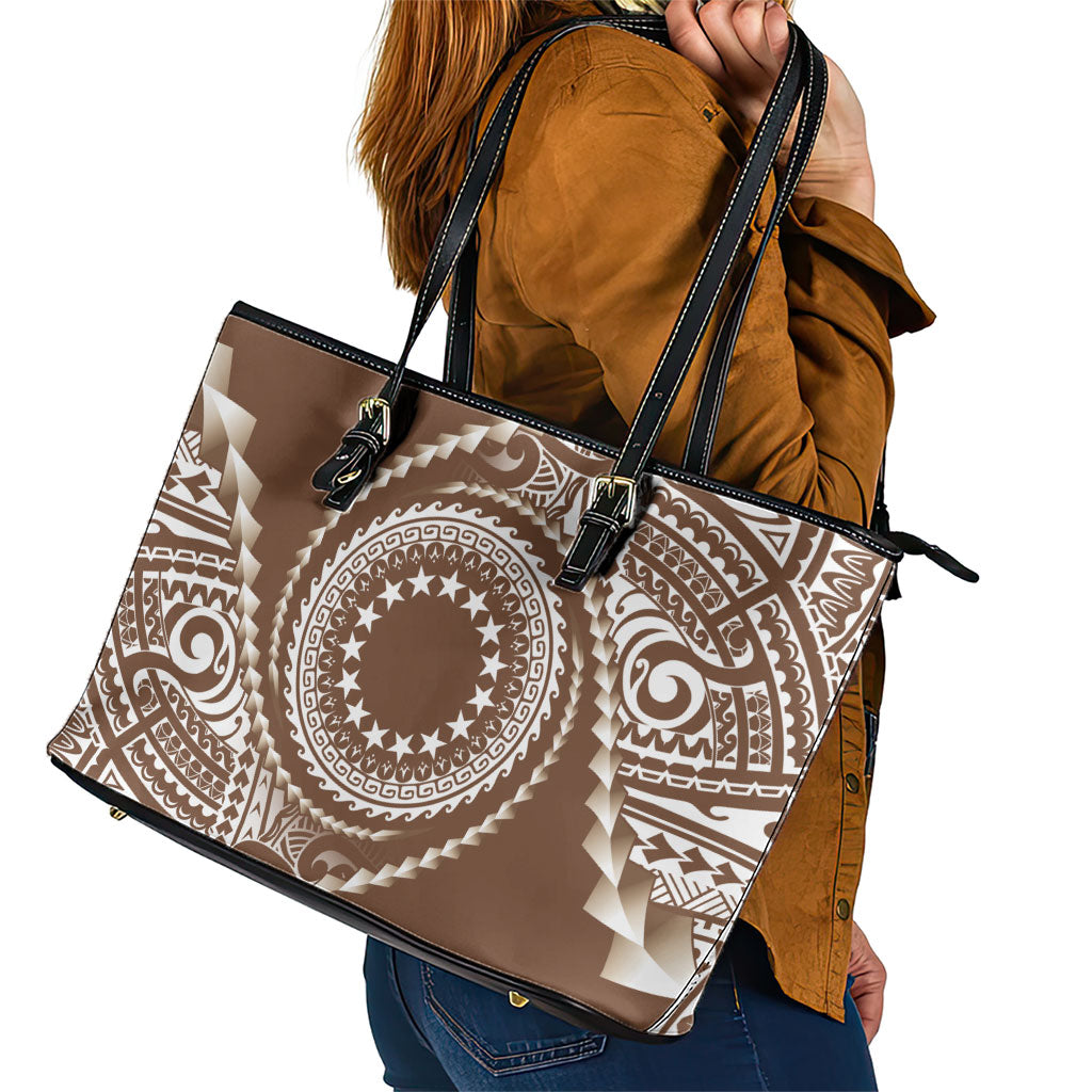 Cook Islands Gospel Day Leather Tote Bag Brown Tribal Curves