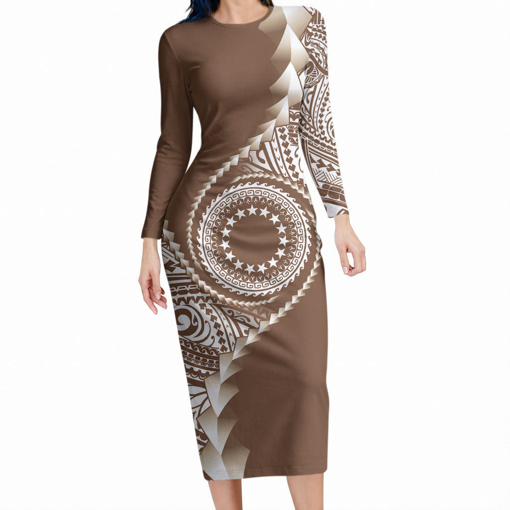 Cook Islands Gospel Day Long Sleeve Bodycon Dress Brown Tribal Curves LT05 Long Dress Brown - Polynesian Pride
