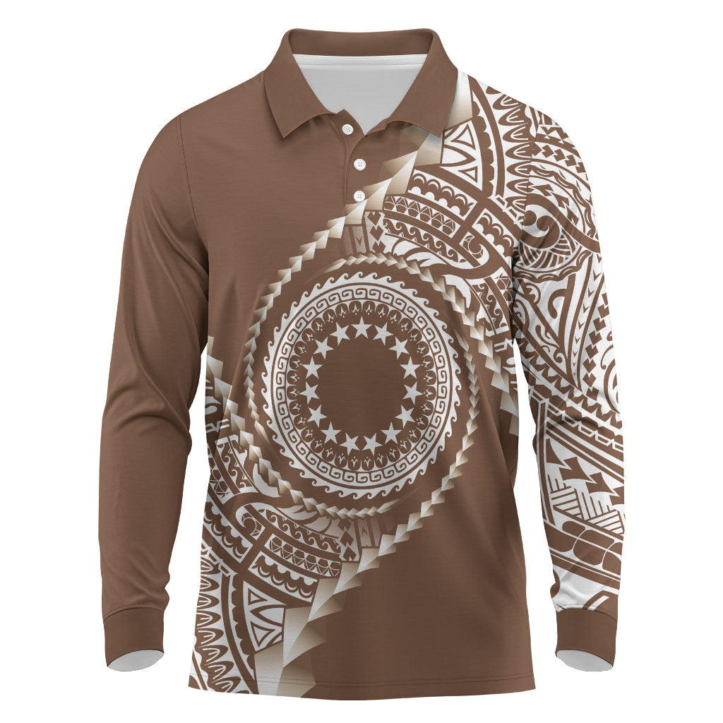 Cook Islands Gospel Day Long Sleeve Polo Shirt Brown Tribal Curves LT05 Brown - Polynesian Pride
