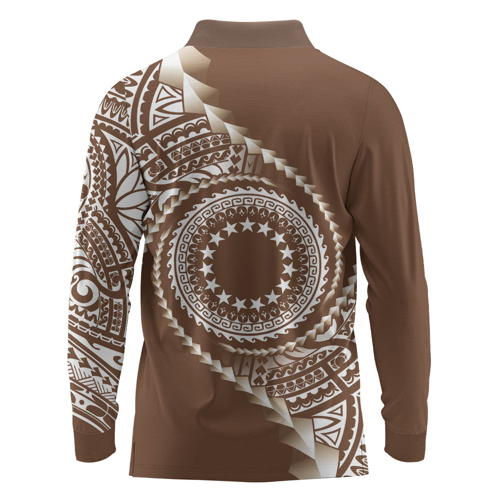 Cook Islands Gospel Day Long Sleeve Polo Shirt Brown Tribal Curves
