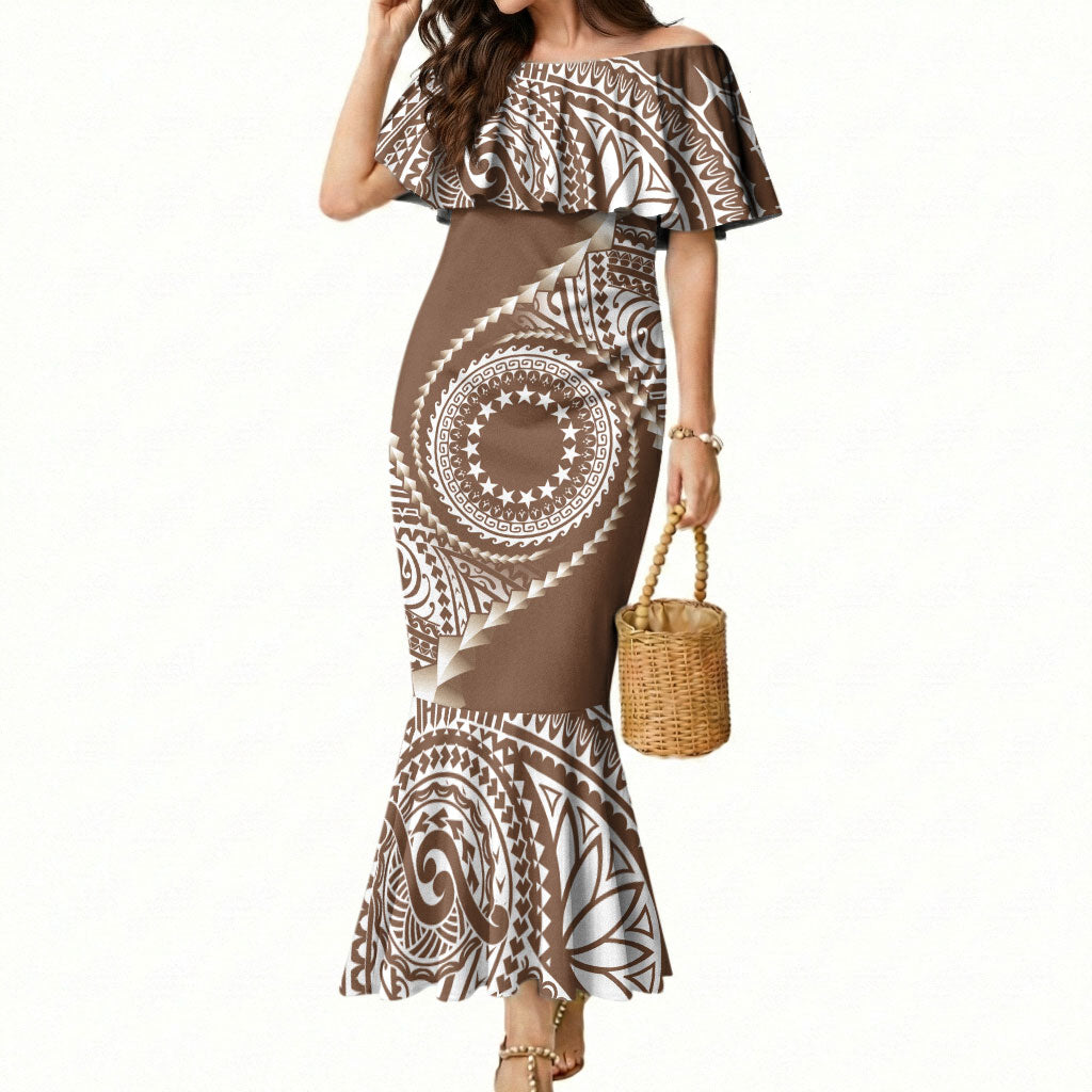Cook Islands Gospel Day Mermaid Dress Brown Tribal Curves LT05 Women Brown - Polynesian Pride
