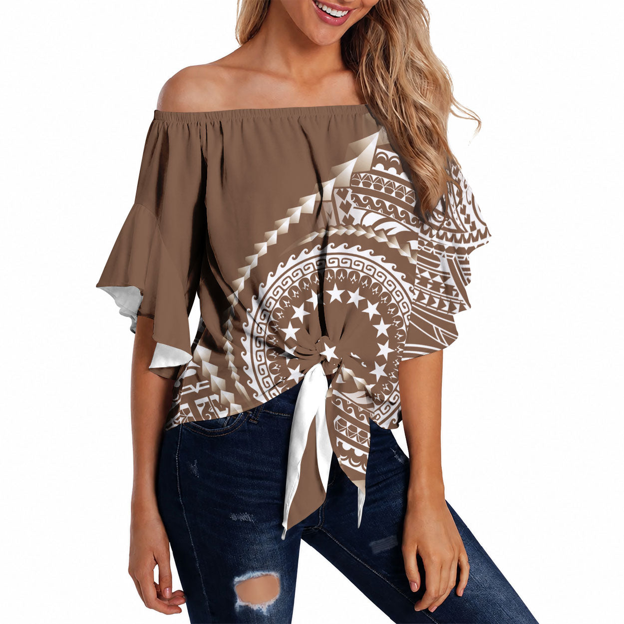 Cook Islands Gospel Day Off Shoulder Wrap Waist Top Brown Tribal Curves LT05 Brown - Polynesian Pride