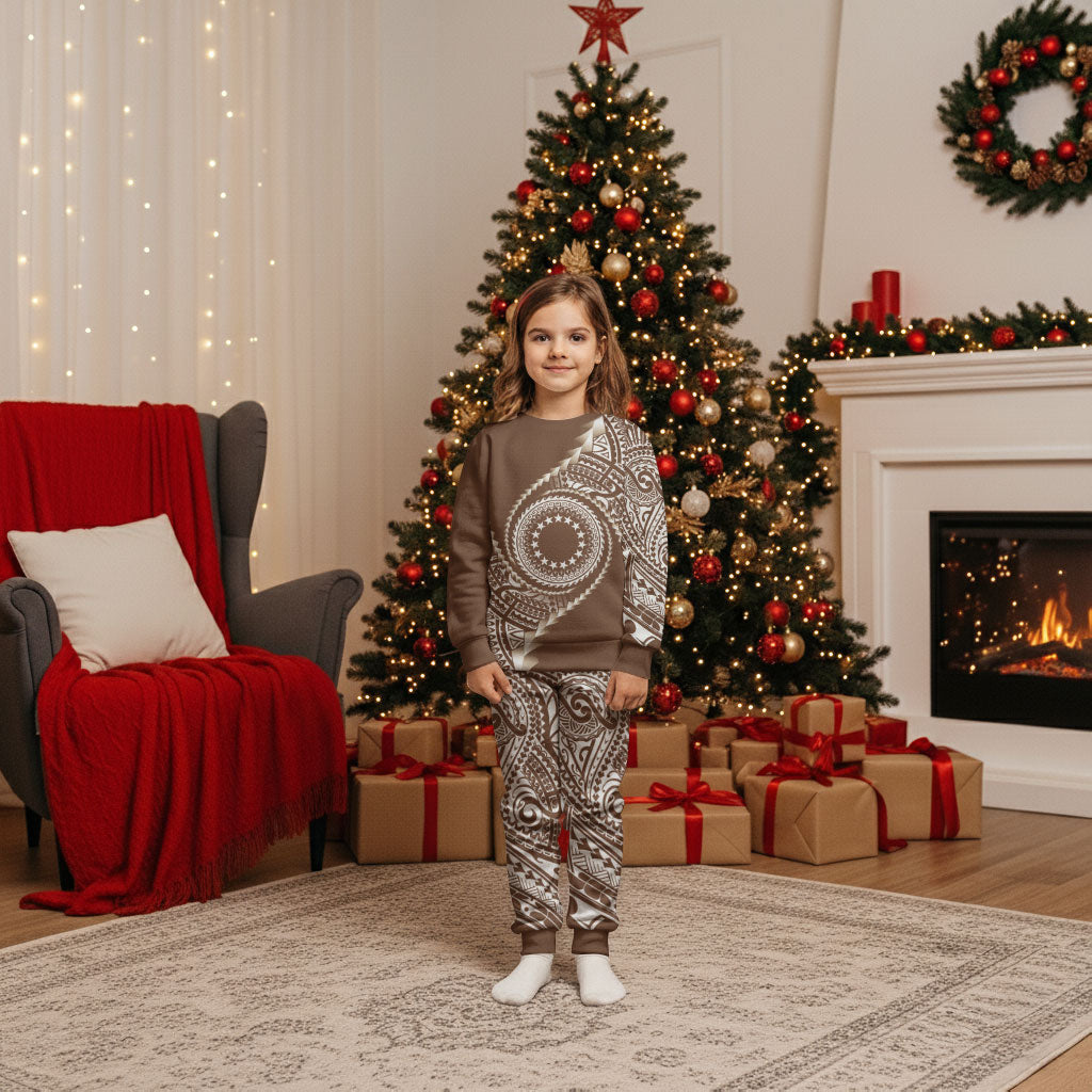 Cook Islands Gospel Day Christmas Pajama Set Brown Tribal Curves LT05 Kid Brown - Polynesian Pride