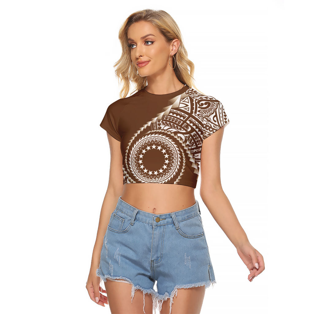 Cook Islands Gospel Day Raglan Cropped T Shirt Brown Tribal Curves LT05 Female Brown - Polynesian Pride
