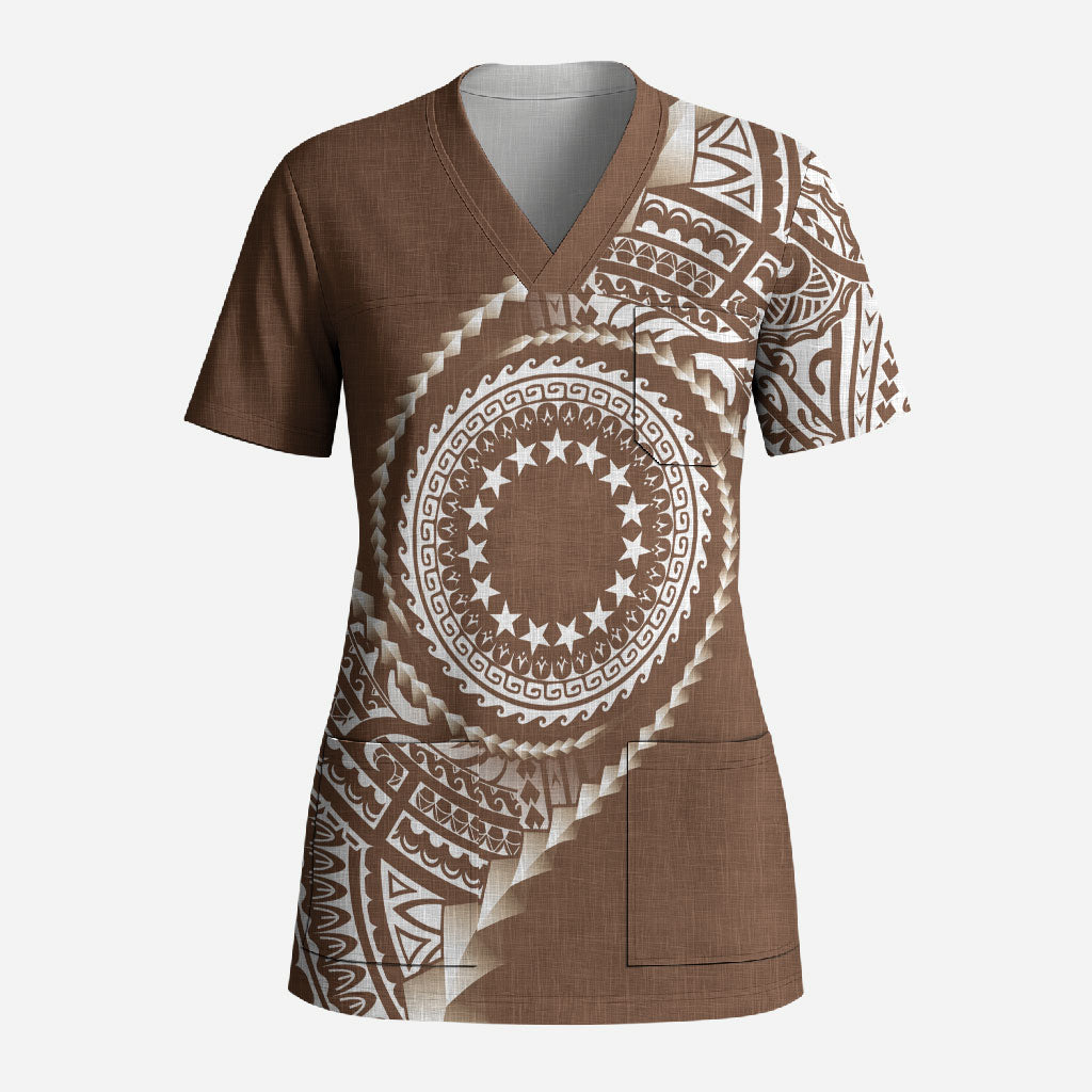 Cook Islands Gospel Day Scrub Top Brown Tribal Curves LT05 Adult Brown - Polynesian Pride