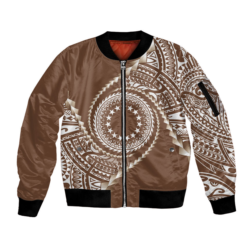 Cook Islands Gospel Day Sleeve Zip Bomber Jacket Brown Tribal Curves LT05 Unisex Brown - Polynesian Pride