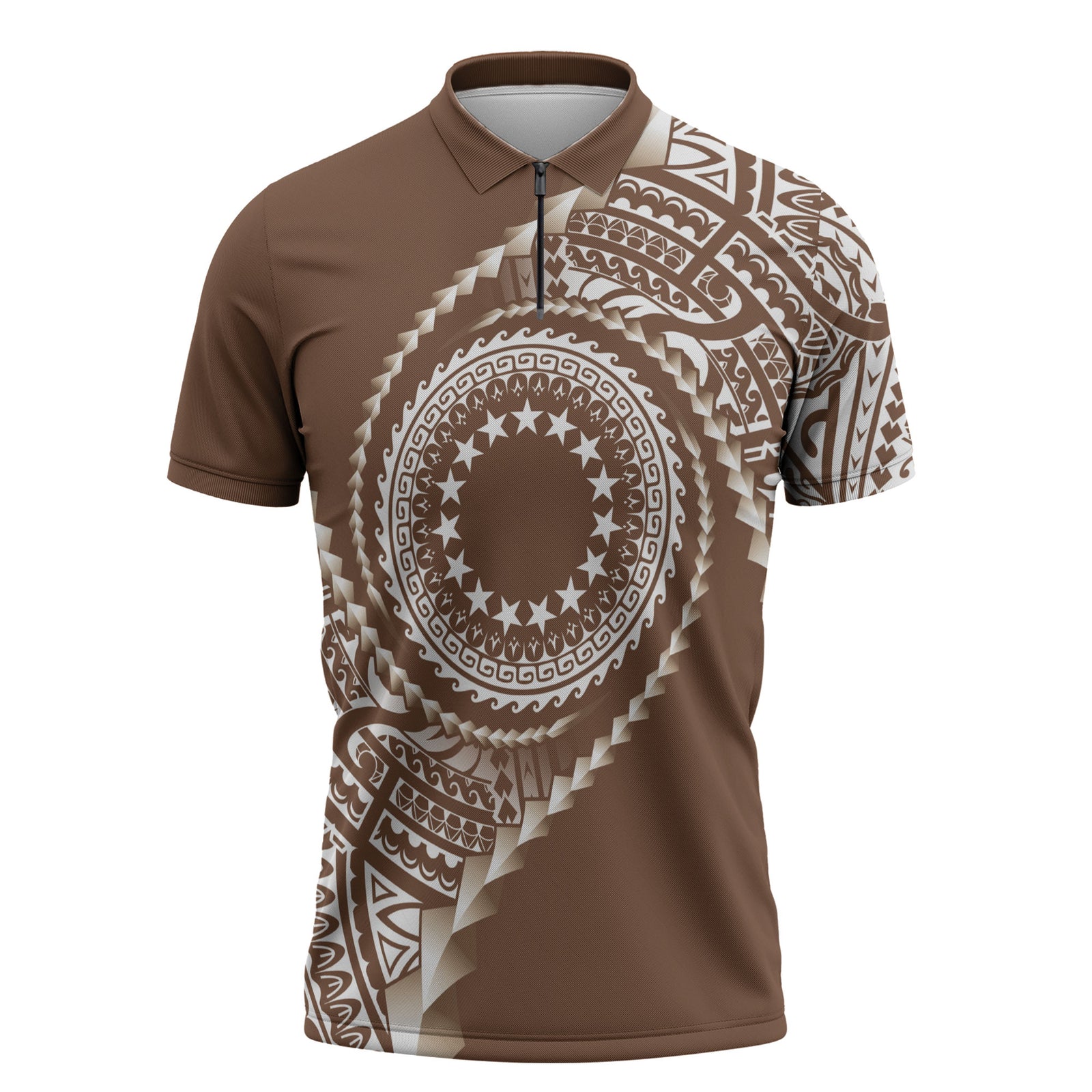 Cook Islands Gospel Day Zipper Polo Shirt Brown Tribal Curves LT05 Brown - Polynesian Pride