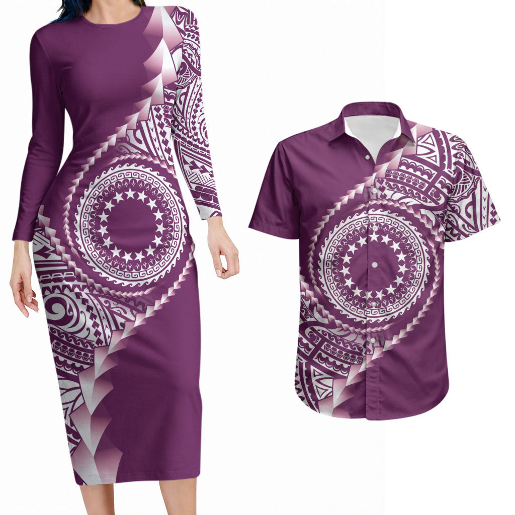 Cook Islands Gospel Day Couples Matching Long Sleeve Bodycon Dress and Hawaiian Shirt Maroon Tribal Curves LT05 Maroon - Polynesian Pride