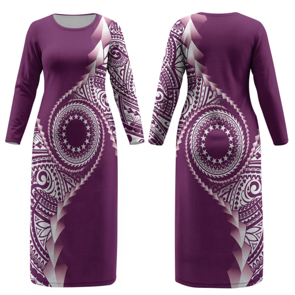 Cook Islands Gospel Day Couples Matching Long Sleeve Bodycon Dress and Hawaiian Shirt Maroon Tribal Curves