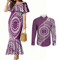 Cook Islands Gospel Day Couples Matching Mermaid Dress and Long Sleeve Button Shirt Maroon Tribal Curves