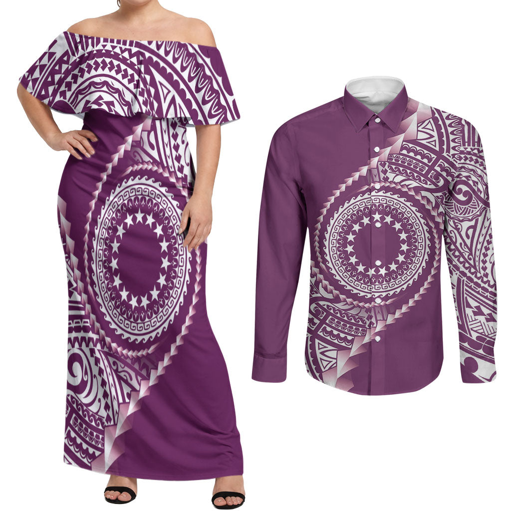 Cook Islands Gospel Day Couples Matching Off Shoulder Maxi Dress and Long Sleeve Button Shirt Maroon Tribal Curves LT05 Maroon - Polynesian Pride