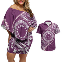 Cook Islands Gospel Day Couples Matching Off Shoulder Short Dress and Hawaiian Shirt Maroon Tribal Curves
