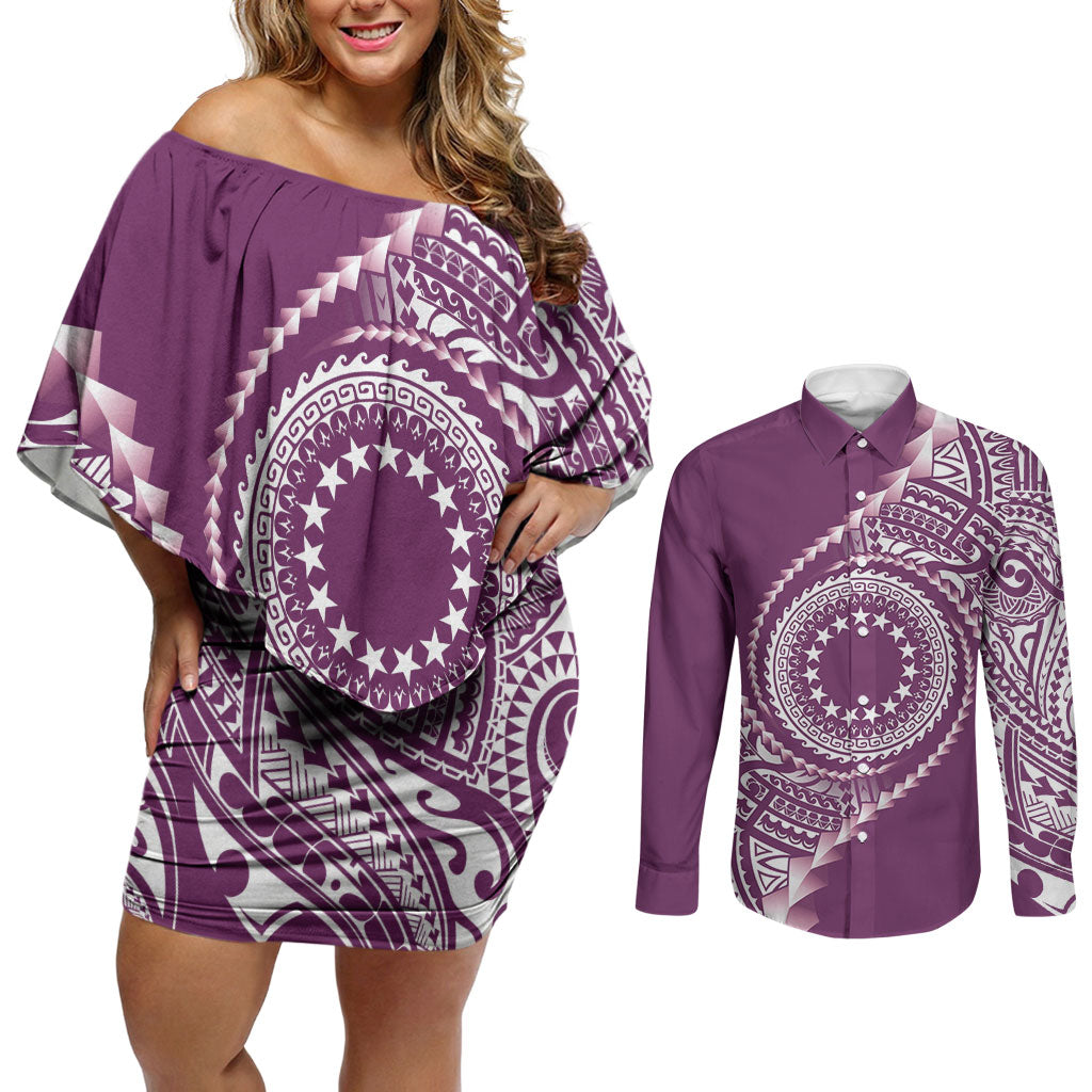 Cook Islands Gospel Day Couples Matching Off Shoulder Short Dress and Long Sleeve Button Shirt Maroon Tribal Curves