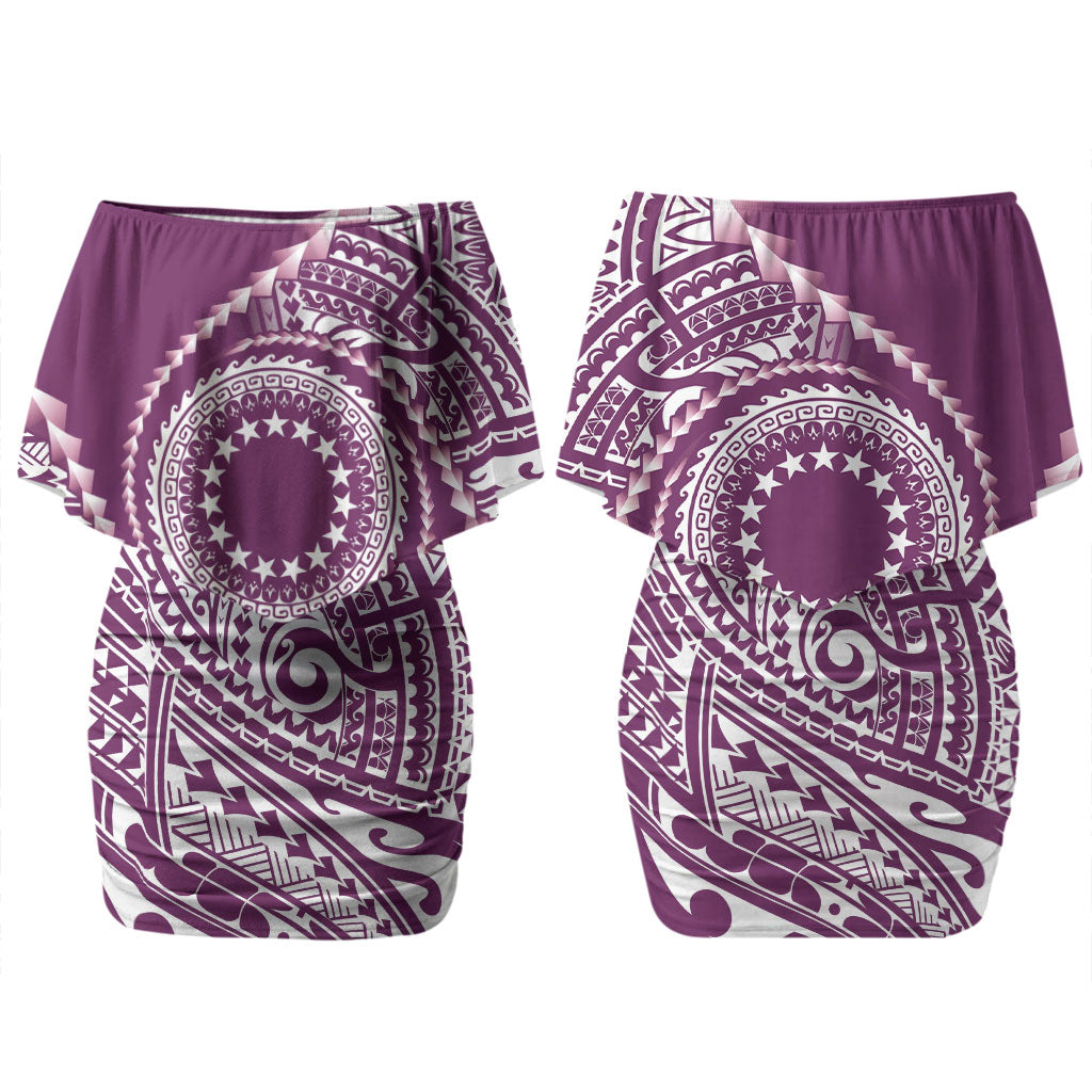 Cook Islands Gospel Day Couples Matching Off Shoulder Short Dress and Long Sleeve Button Shirt Maroon Tribal Curves