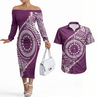 Cook Islands Gospel Day Couples Matching Off The Shoulder Long Sleeve Dress and Hawaiian Shirt Maroon Tribal Curves