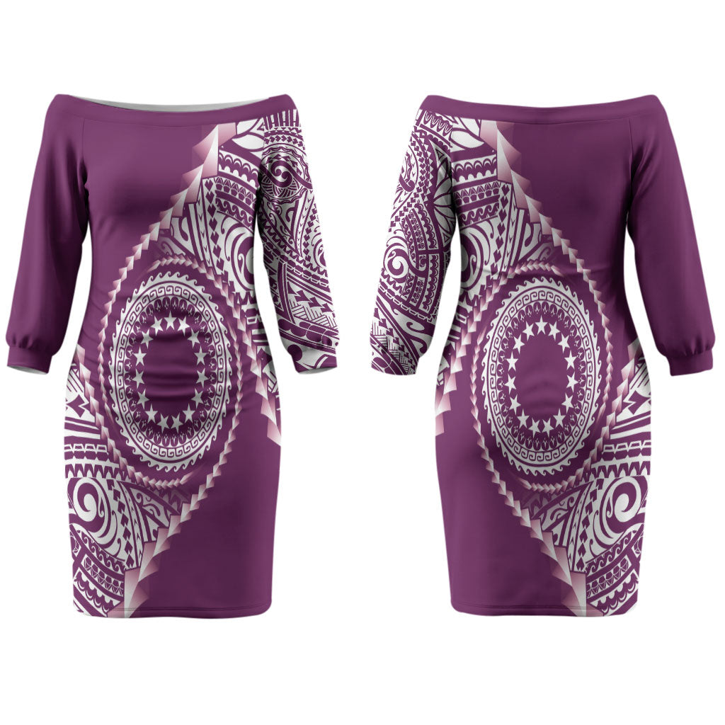 Cook Islands Gospel Day Couples Matching Off The Shoulder Long Sleeve Dress and Hawaiian Shirt Maroon Tribal Curves