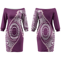 Cook Islands Gospel Day Couples Matching Off The Shoulder Long Sleeve Dress and Long Sleeve Button Shirt Maroon Tribal Curves