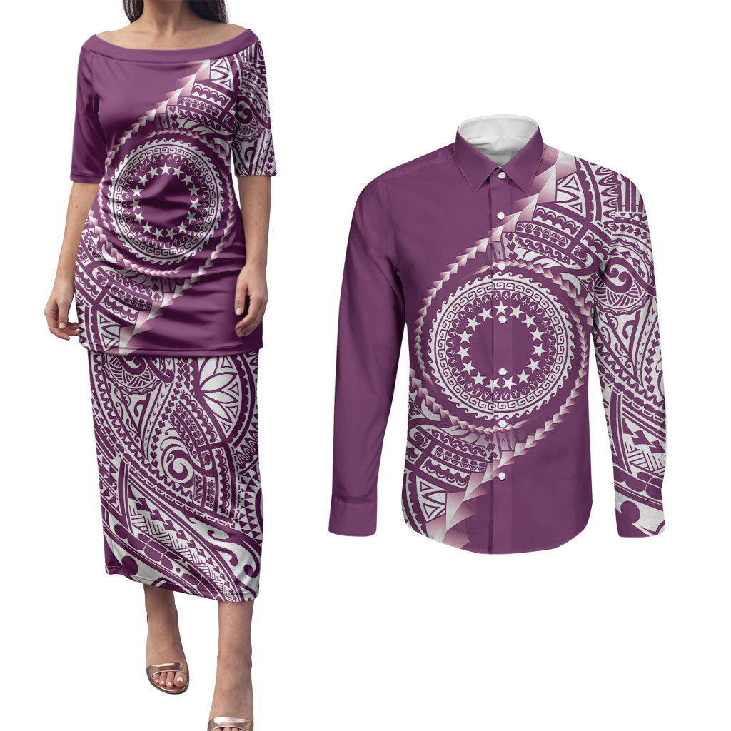 Cook Islands Gospel Day Couples Matching Puletasi and Long Sleeve Button Shirt Maroon Tribal Curves LT05 Maroon - Polynesian Pride