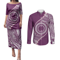 Cook Islands Gospel Day Couples Matching Puletasi and Long Sleeve Button Shirt Maroon Tribal Curves