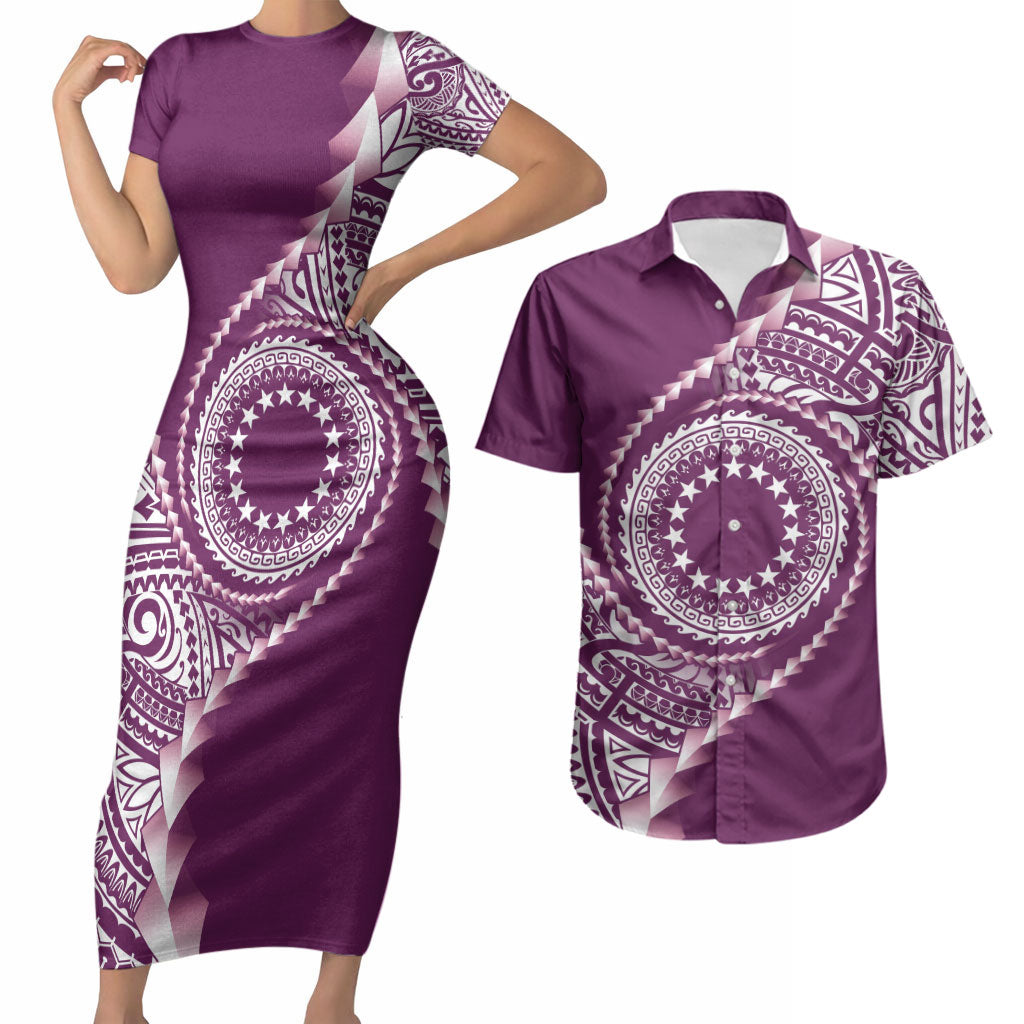 Cook Islands Gospel Day Couples Matching Short Sleeve Bodycon Dress and Hawaiian Shirt Maroon Tribal Curves LT05 Maroon - Polynesian Pride