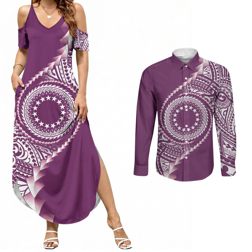Cook Islands Gospel Day Couples Matching Summer Maxi Dress and Long Sleeve Button Shirt Maroon Tribal Curves LT05 Maroon - Polynesian Pride