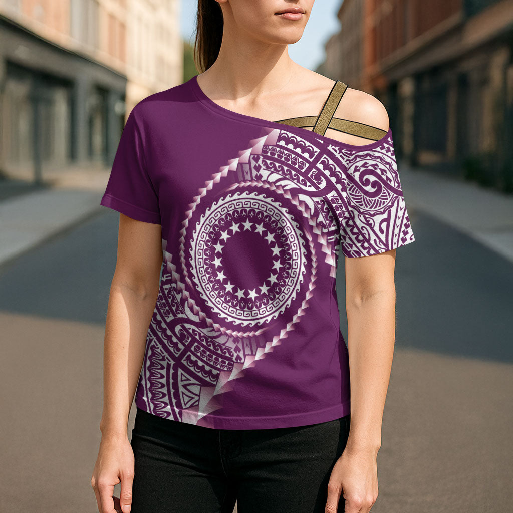 Cook Islands Gospel Day Cross Shoulder Shirt Maroon Tribal Curves