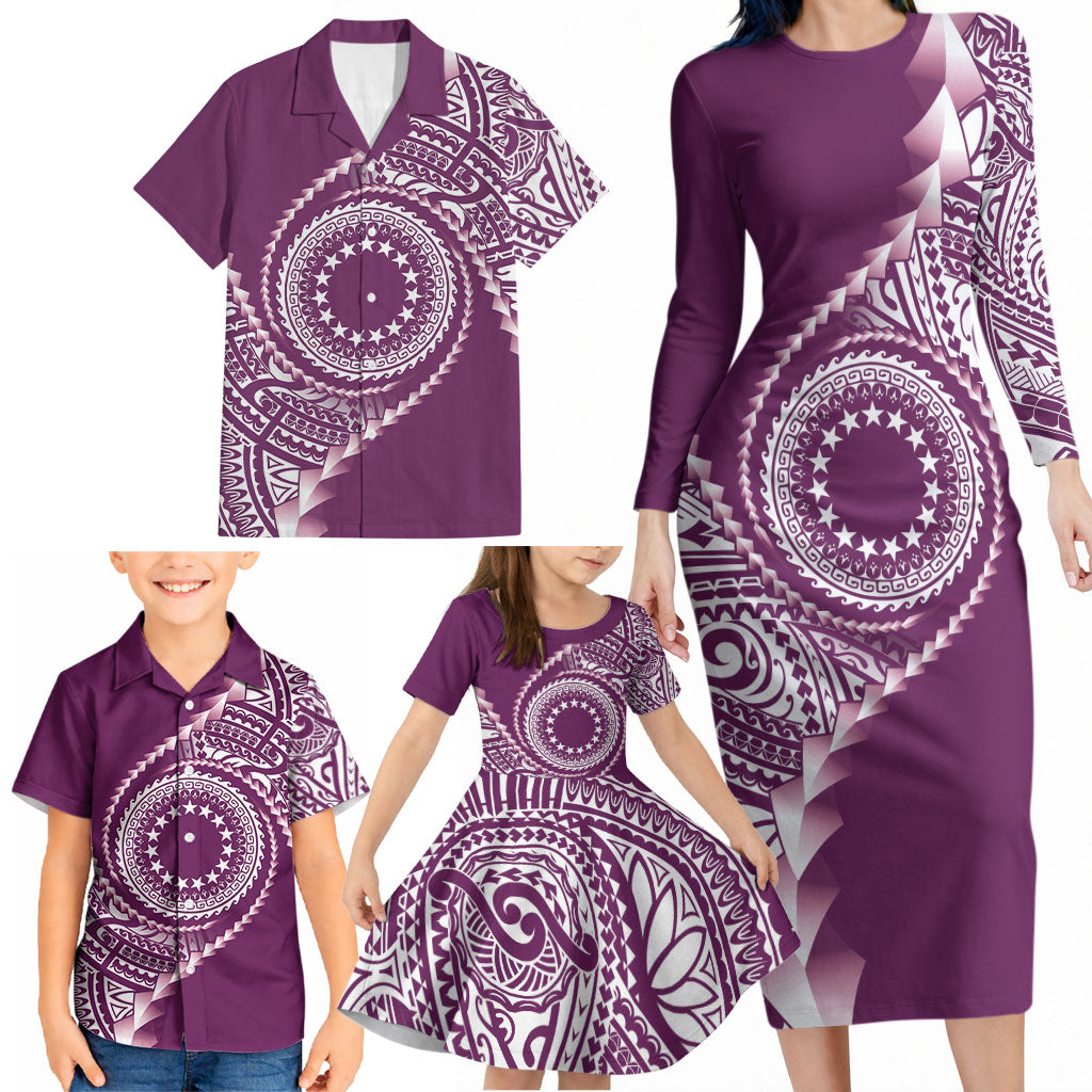 Cook Islands Gospel Day Family Matching Long Sleeve Bodycon Dress and Hawaiian Shirt Maroon Tribal Curves LT05 - Polynesian Pride