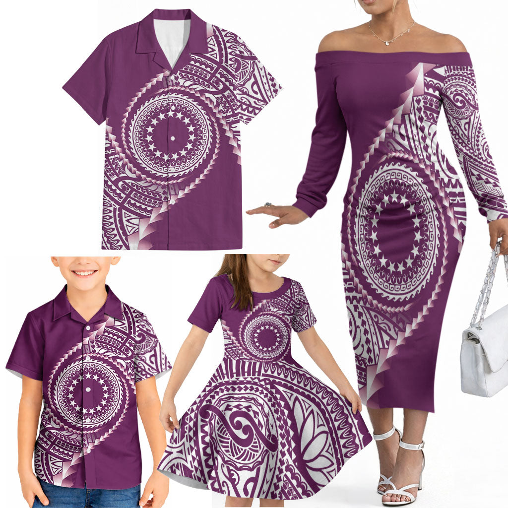 Cook Islands Gospel Day Family Matching Off The Shoulder Long Sleeve Dress and Hawaiian Shirt Maroon Tribal Curves LT05 - Polynesian Pride