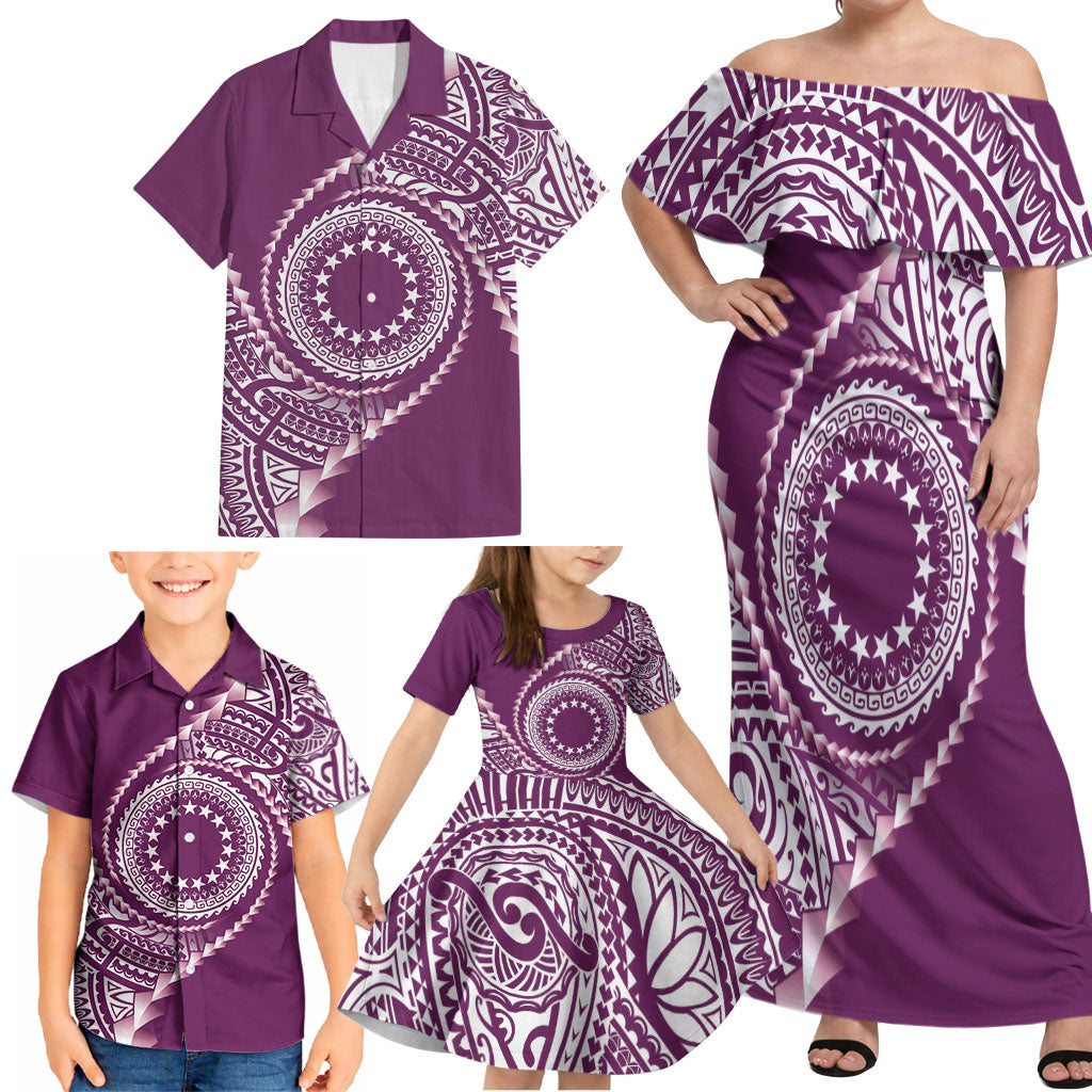 Cook Islands Gospel Day Family Matching Off Shoulder Maxi Dress and Hawaiian Shirt Maroon Tribal Curves LT05 - Polynesian Pride