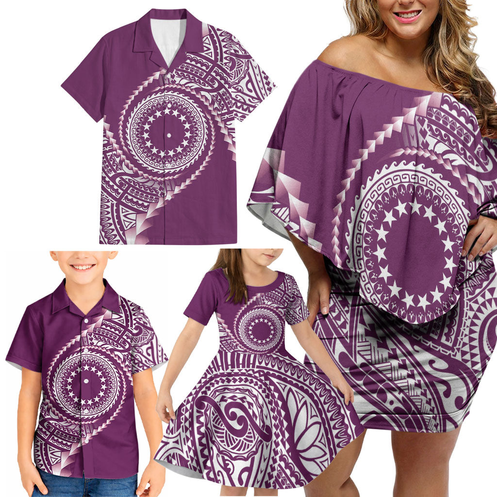 Cook Islands Gospel Day Family Matching Off Shoulder Short Dress and Hawaiian Shirt Maroon Tribal Curves LT05 - Polynesian Pride