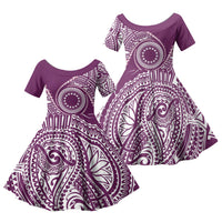 Cook Islands Gospel Day Family Matching Off Shoulder Short Dress and Hawaiian Shirt Maroon Tribal Curves