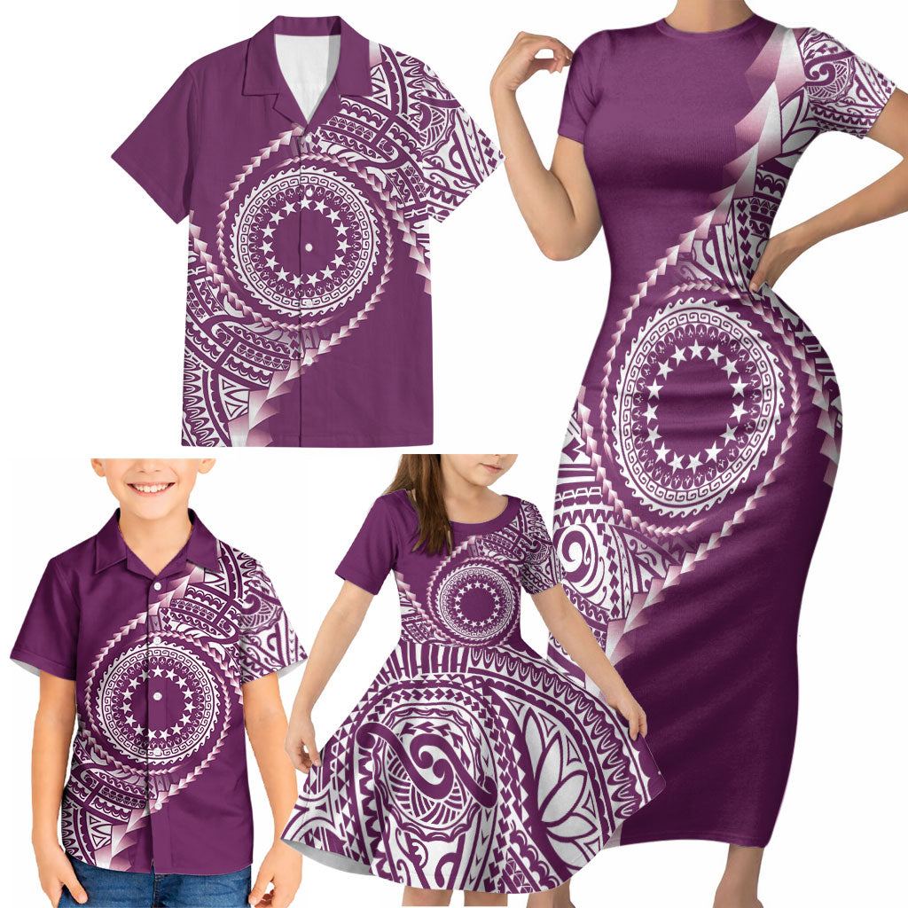 Cook Islands Gospel Day Family Matching Short Sleeve Bodycon Dress and Hawaiian Shirt Maroon Tribal Curves LT05 - Polynesian Pride
