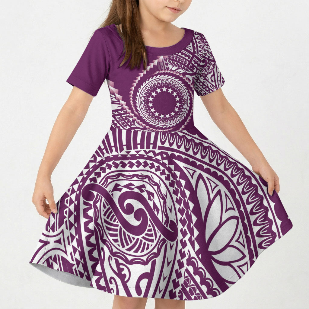 Cook Islands Gospel Day Kid Short Sleeve Dress Maroon Tribal Curves LT05 KID Maroon - Polynesian Pride