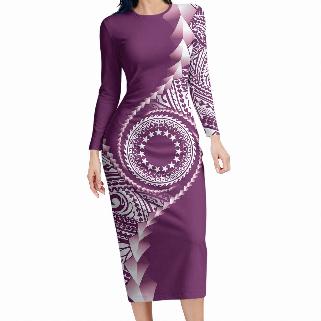 Cook Islands Gospel Day Long Sleeve Bodycon Dress Maroon Tribal Curves