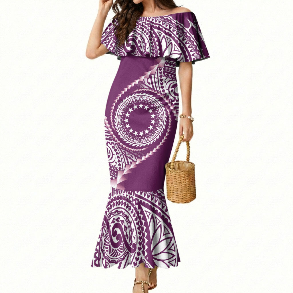 Cook Islands Gospel Day Mermaid Dress Maroon Tribal Curves LT05 Women Maroon - Polynesian Pride