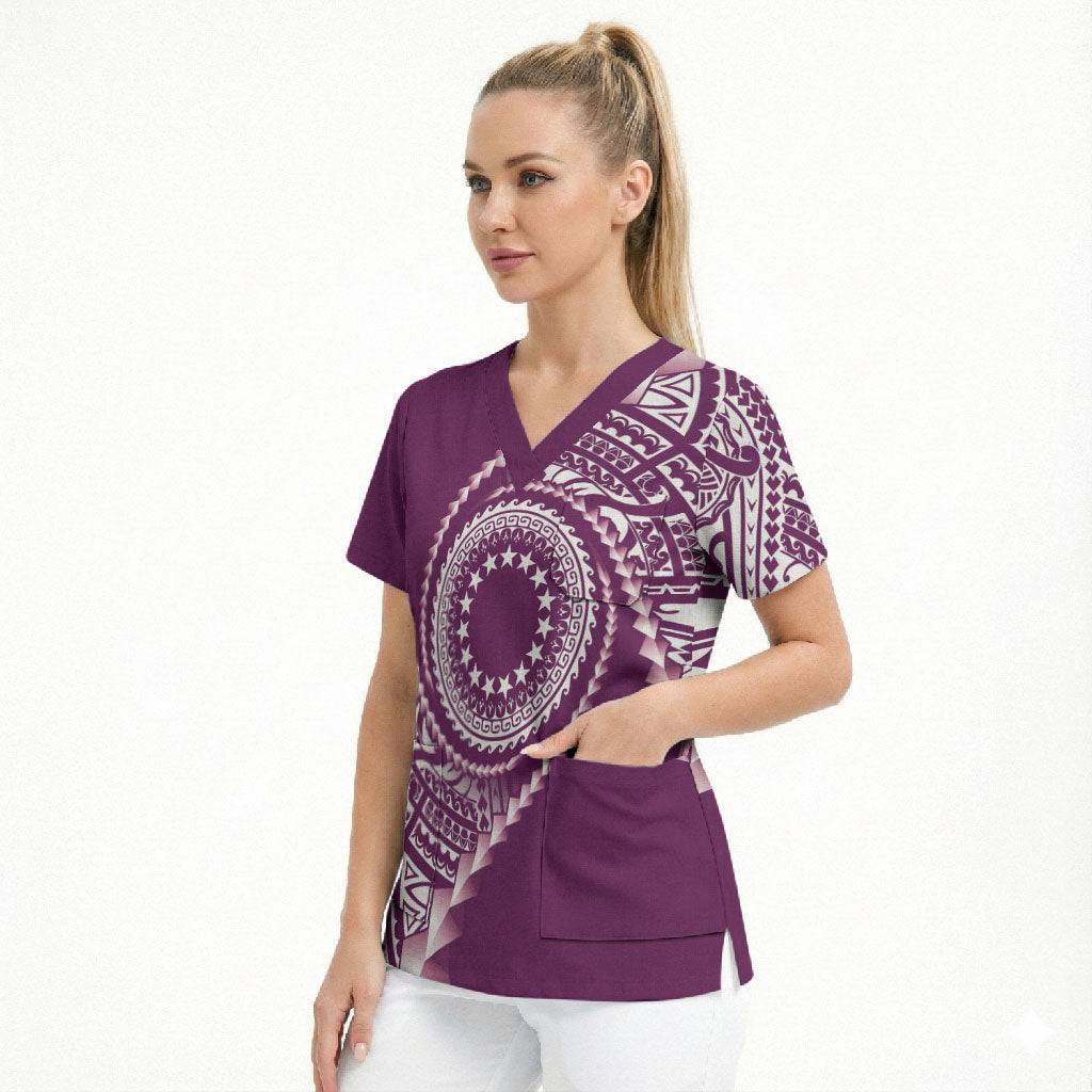 Cook Islands Gospel Day Scrub Top Maroon Tribal Curves