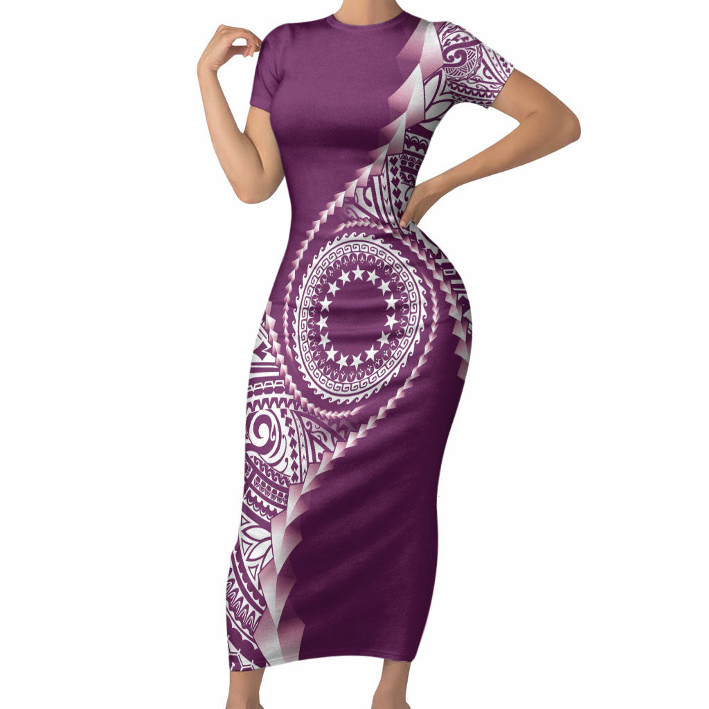 Cook Islands Gospel Day Short Sleeve Bodycon Dress Maroon Tribal Curves LT05 Long Dress Maroon - Polynesian Pride