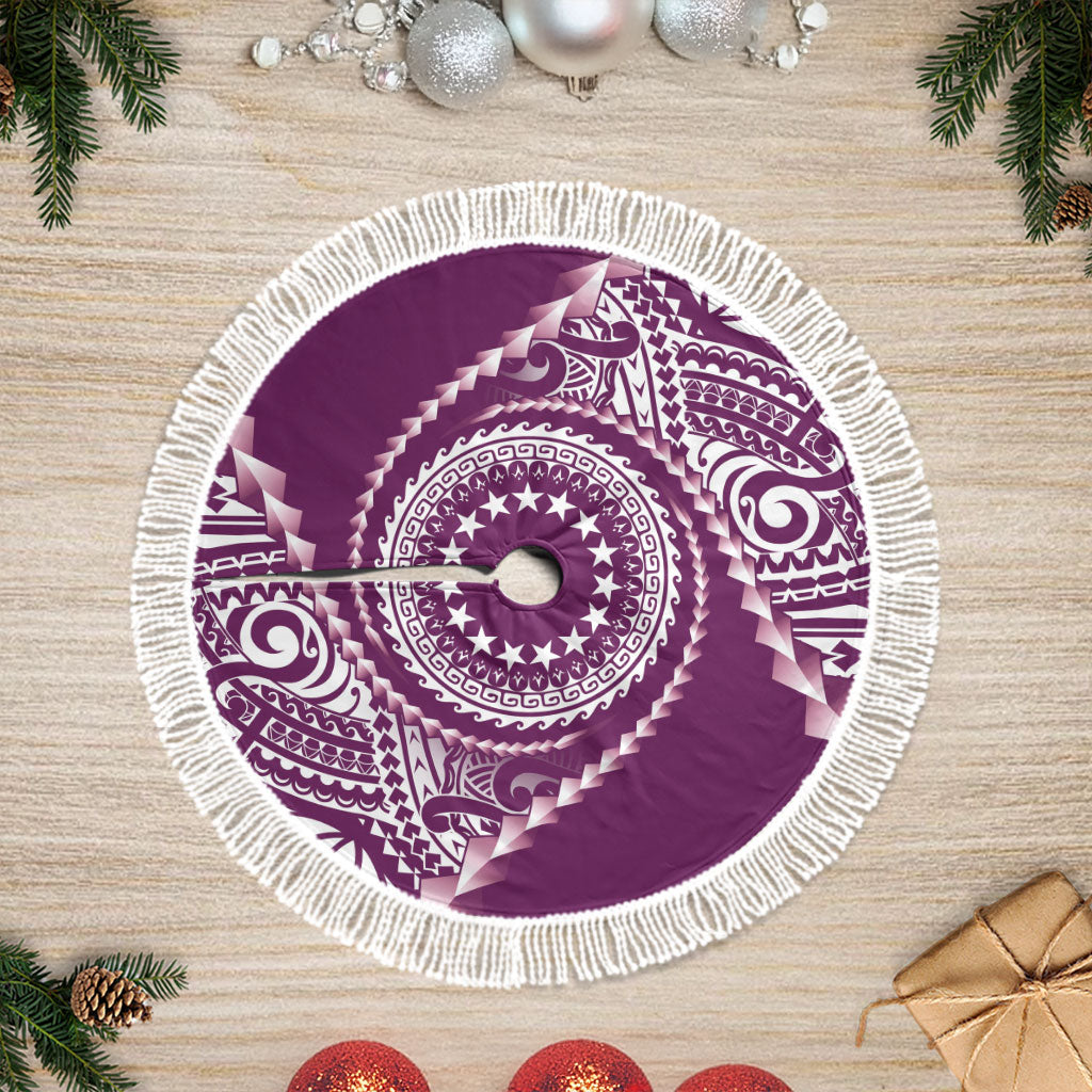 Cook Islands Gospel Day Tree Skirt Maroon Tribal Curves LT05 Fringed Maroon - Polynesian Pride