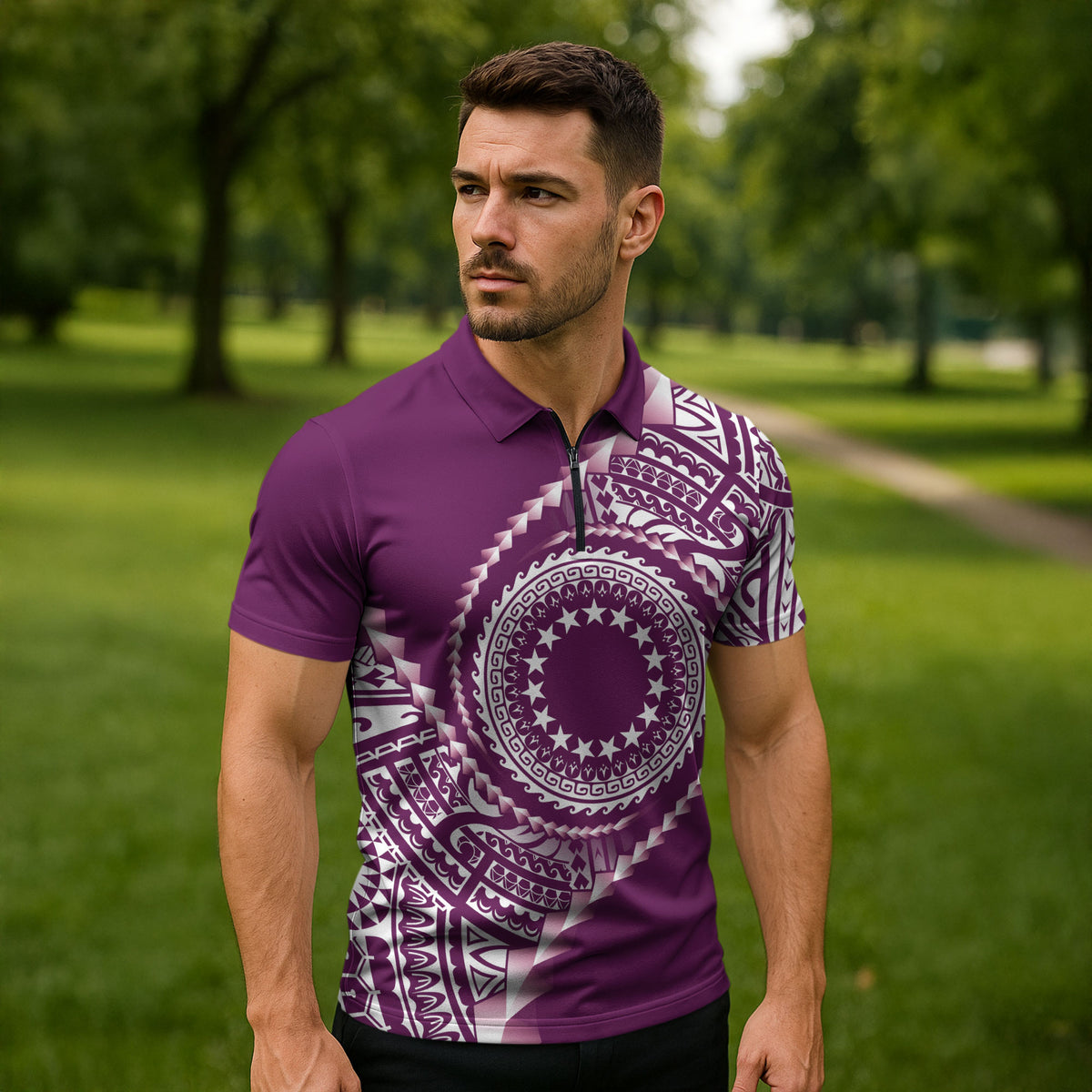Cook Islands Gospel Day Zipper Polo Shirt Maroon Tribal Curves