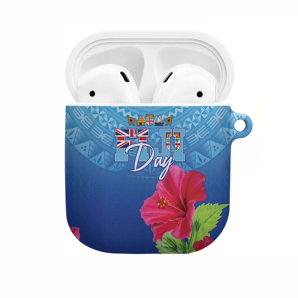 Bula Fiji Day AirPods Case Traditional Tapa Pattern With Hibiscus LT05 Blue - Polynesian Pride