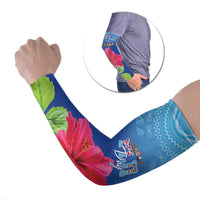 Bula Fiji Day Arm Sleeves Traditional Tapa Pattern With Hibiscus LT05 Set of 2 Blue - Polynesian Pride