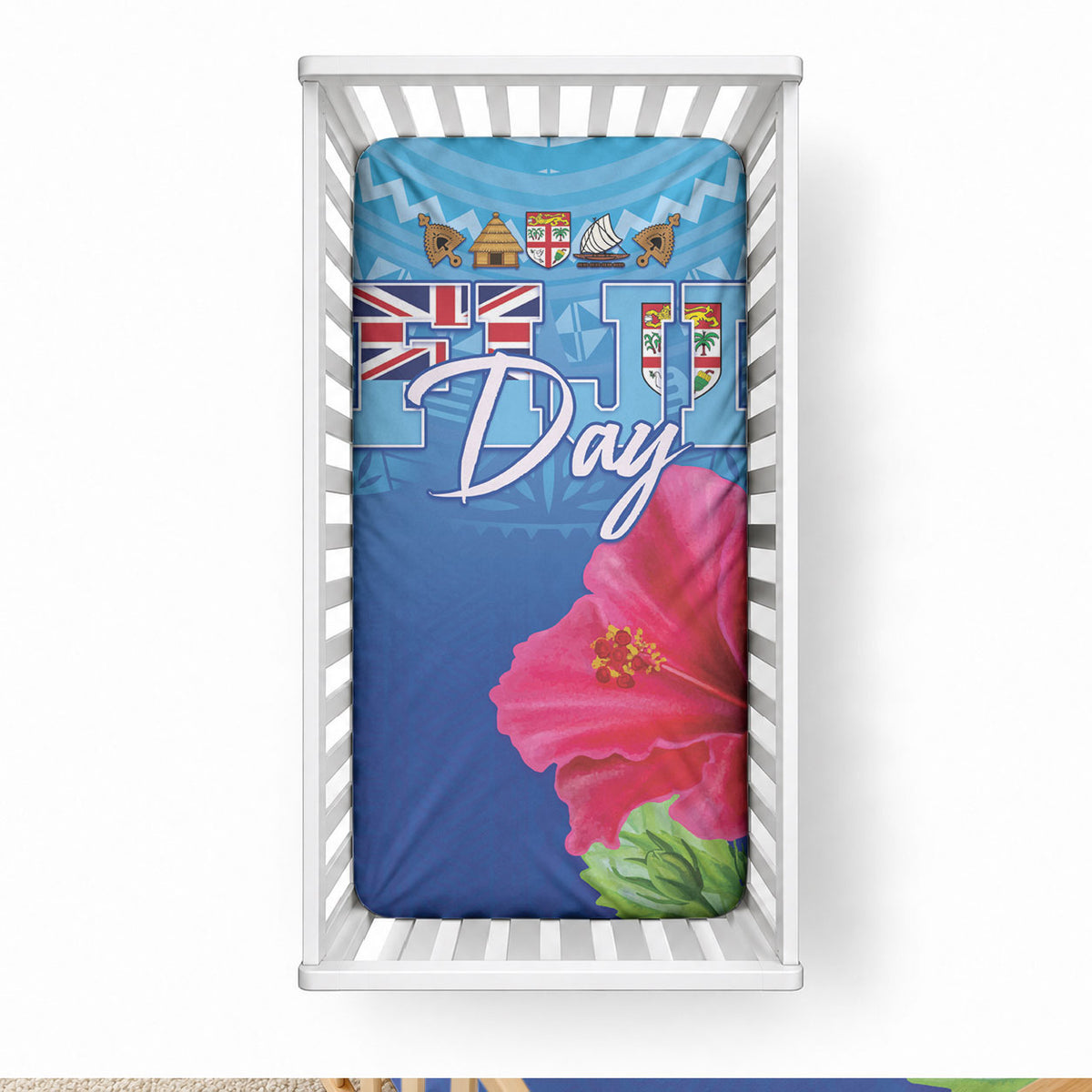 Bula Fiji Day Baby Bed Cover Traditional Tapa Pattern With Hibiscus LT05 28 × 52 in Blue - Polynesian Pride